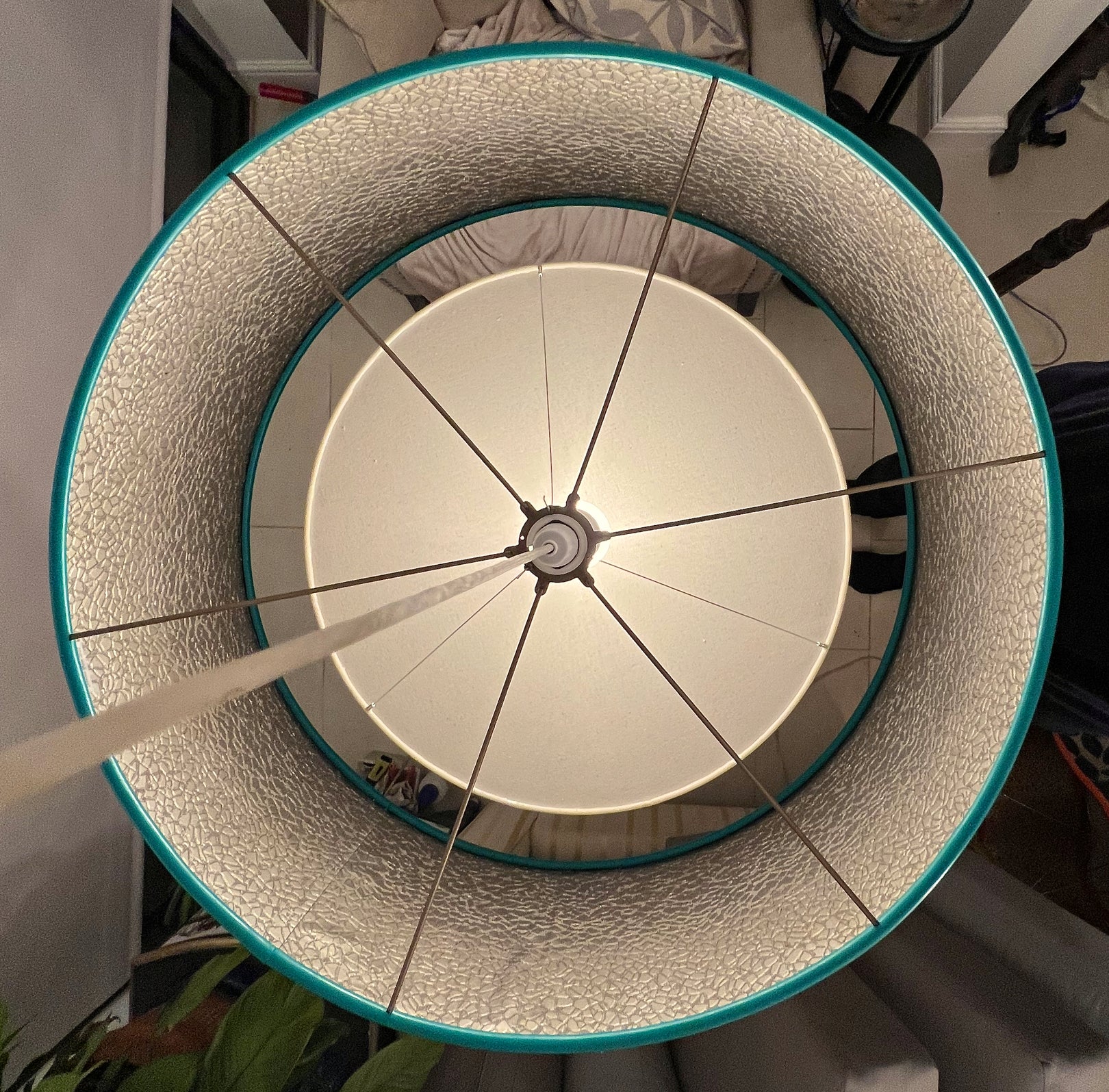 unique floating diffuser system on large pendant drum lampshade