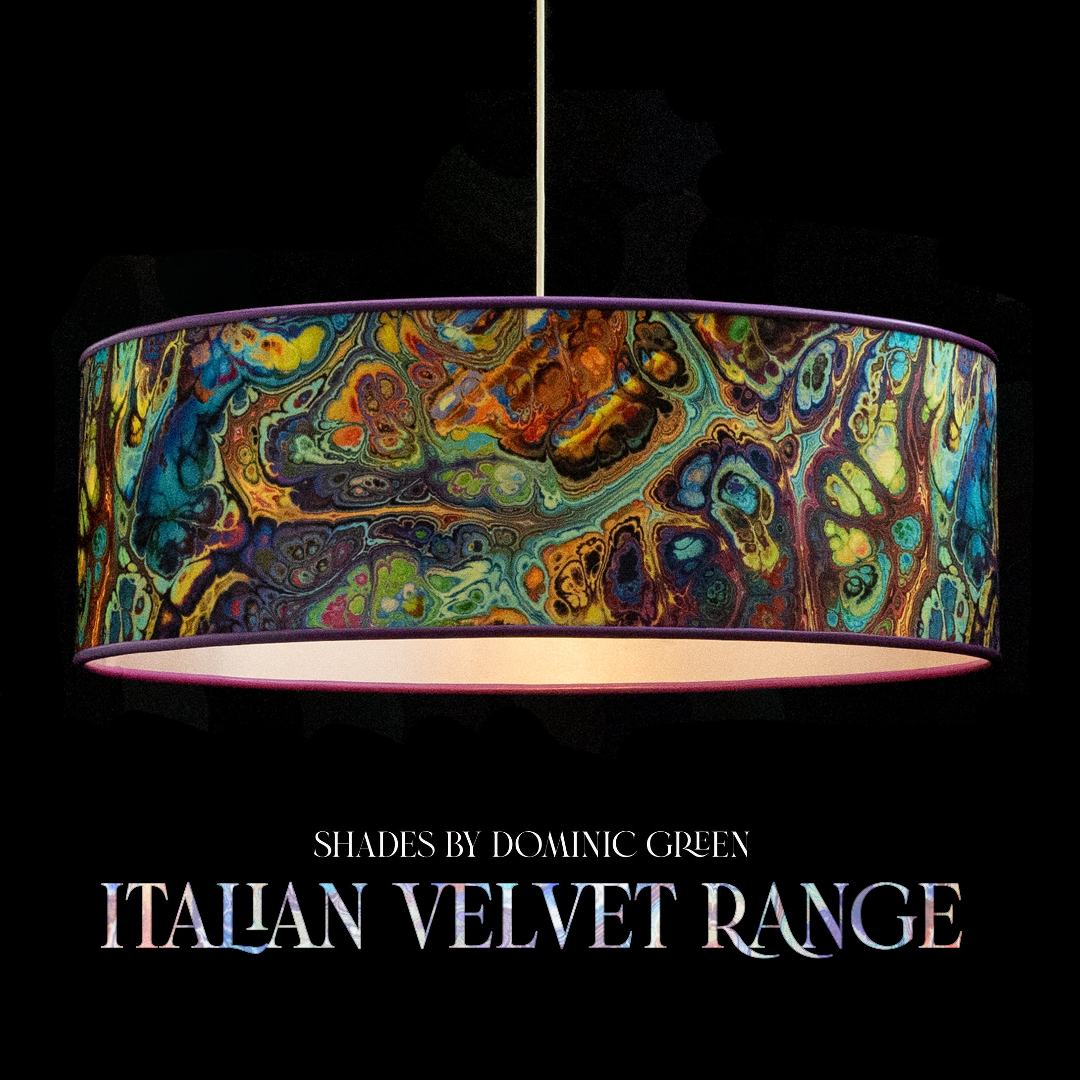 Luxurious Italian velvet lampshade in retro swirl pattern which glows beautifully with light on. These are custom bespoke made lampshades for life.