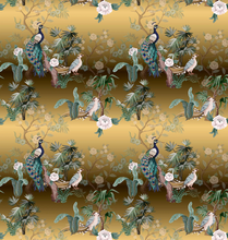 Load image into Gallery viewer, gold &amp; teal chinoiserie velvet fabric design for lamp shades
