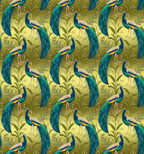 Load image into Gallery viewer, turquoise peacocks on gold luxury velvet for lamp shades 
