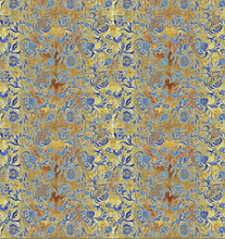 Load image into Gallery viewer, blue flowers on gold unique fabric for lamp shades
