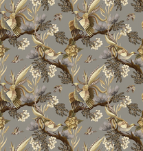 Load image into Gallery viewer, gold birds on silver grey velvet for lamp shades
